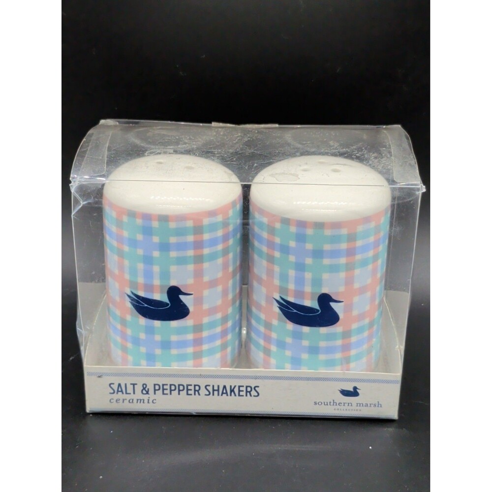 Southern Marsh Collection Ceramic 3.5” Salt & Pepper Shakers Blue Green Plaid BZ